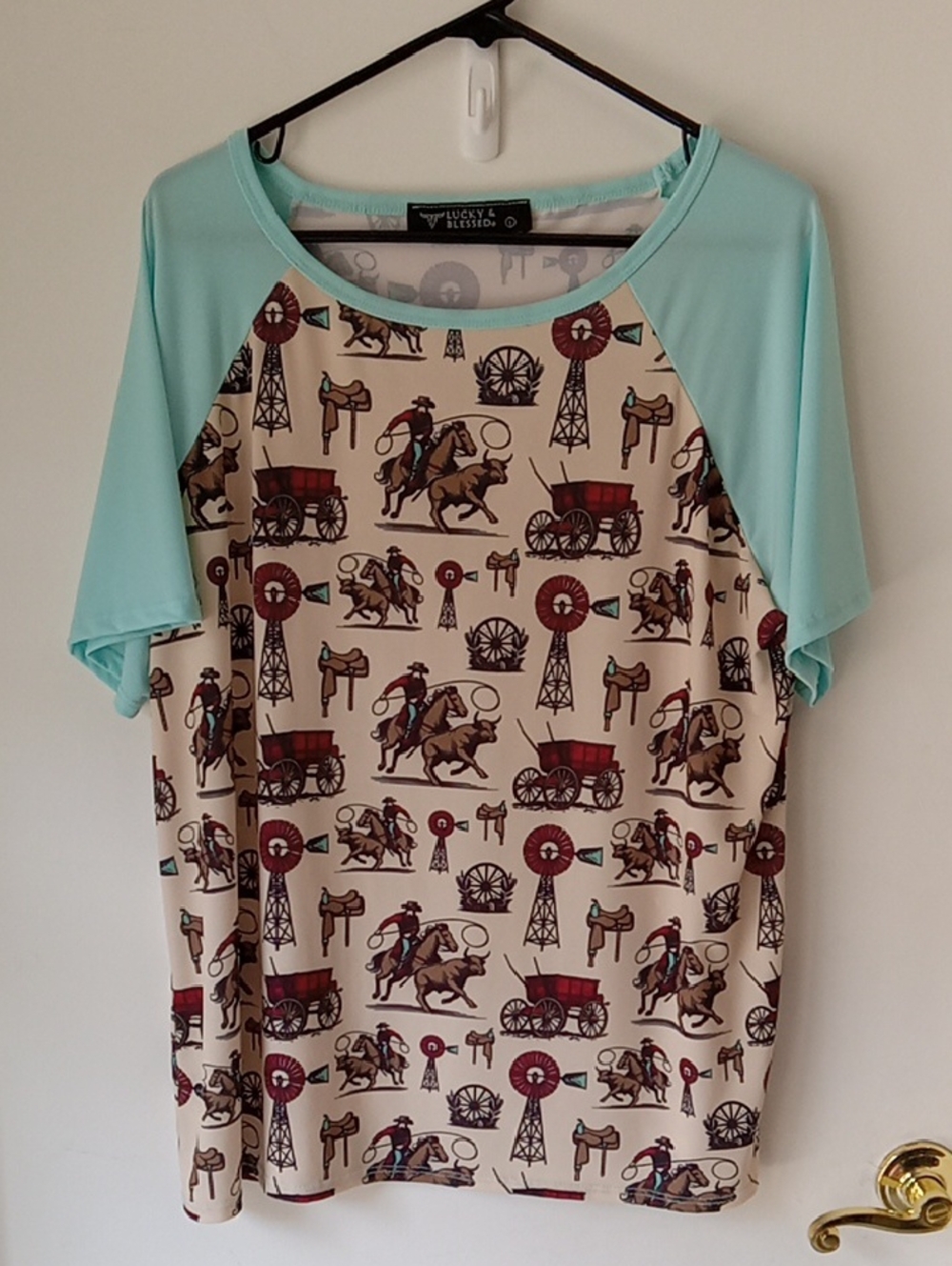 Lucky & Blessed Cowboy Print Raglan Top Size L